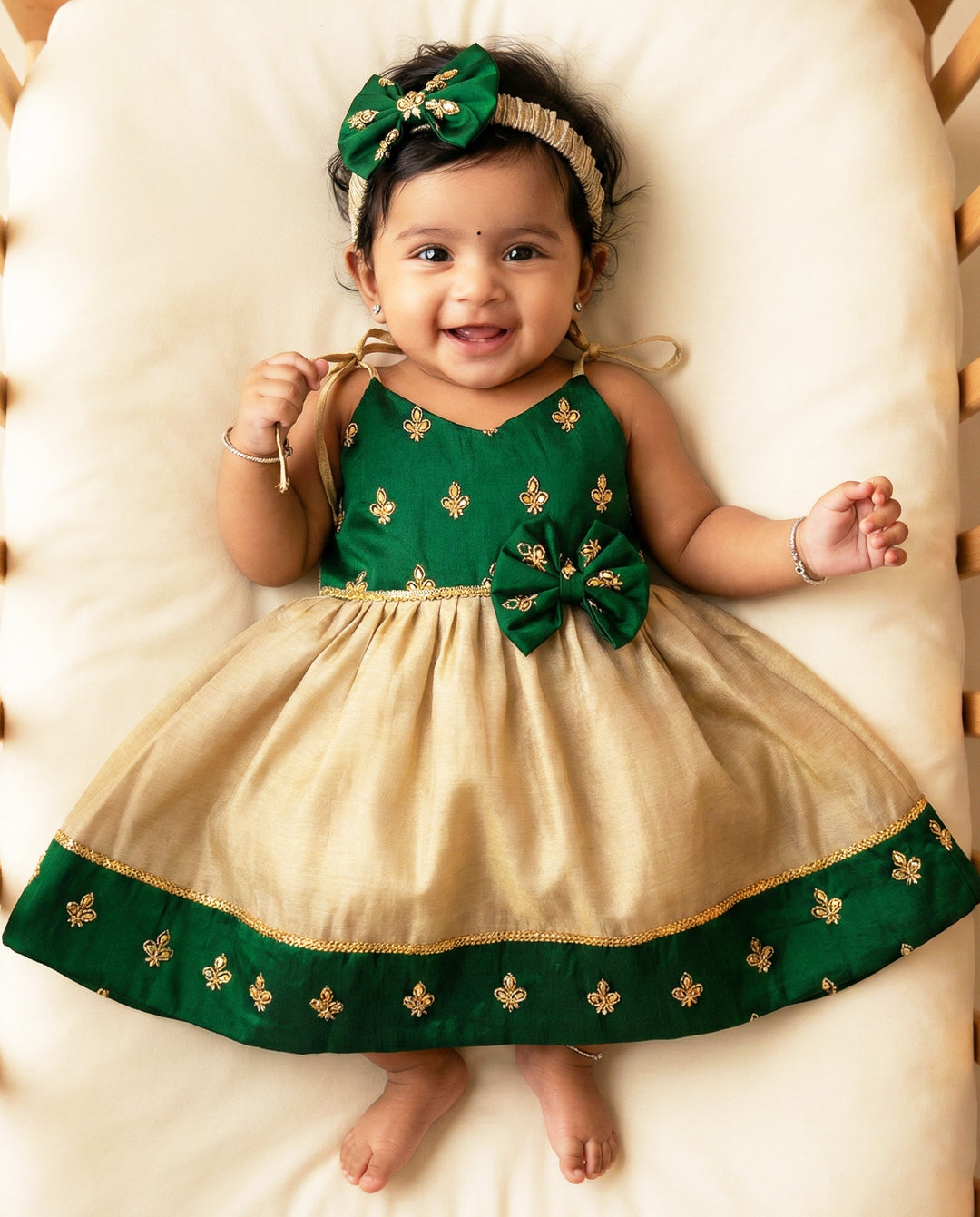 Baby girls birthday dress – bottle green cotton Kettuduppu frock with copper gold detailing