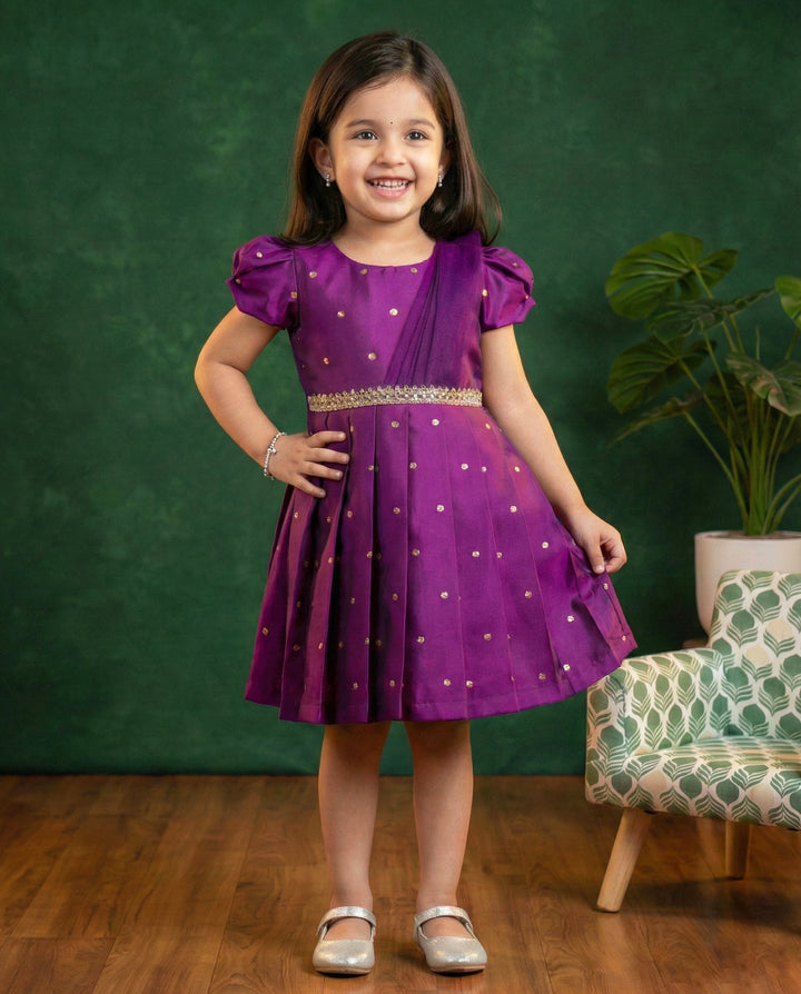 Violet silk butti frock, ethnic party wear, baby girl birthday dress, festive kids frock, violet shade girls frock