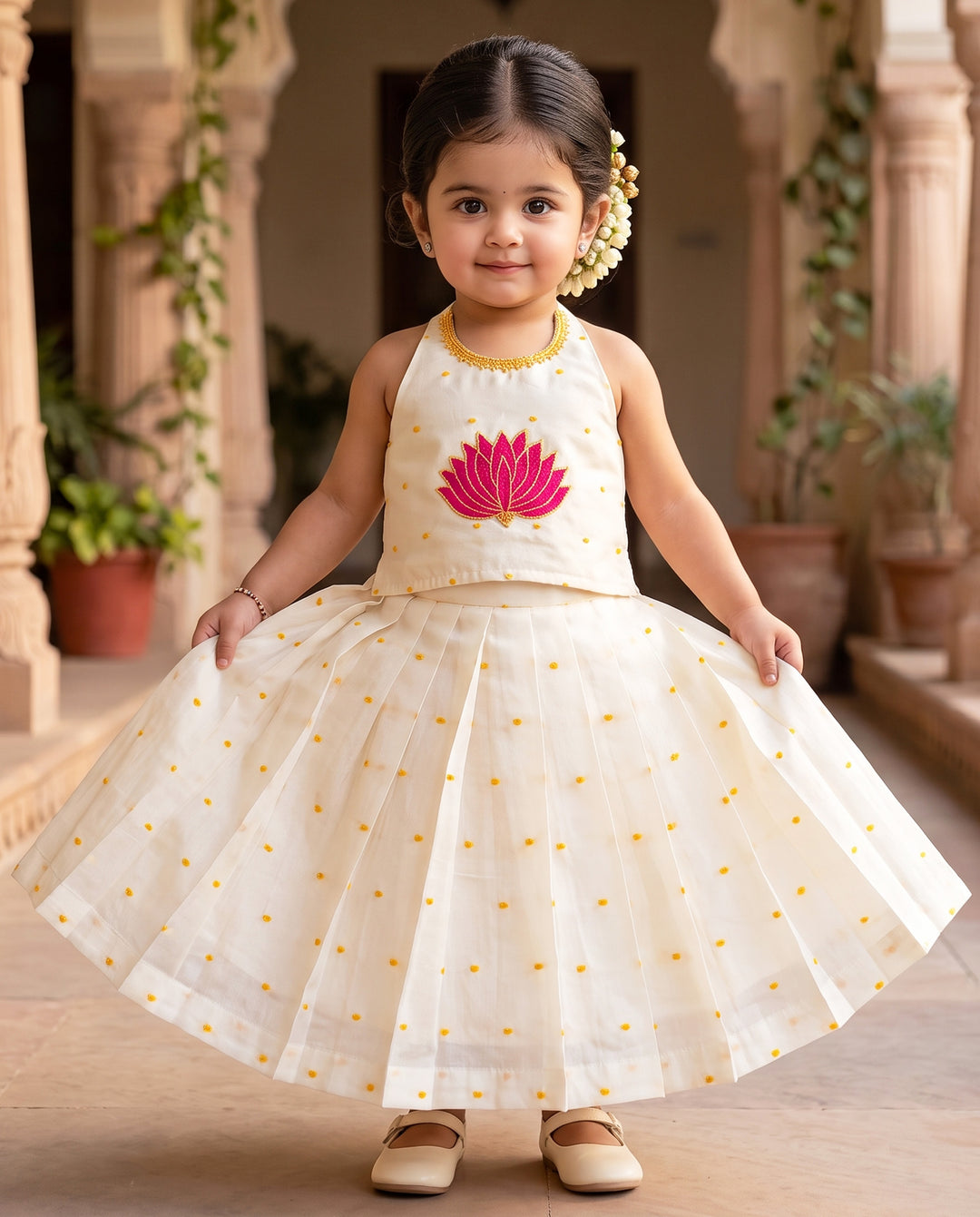 Onam special cream silk lotus hand embroidery lehenga for baby girl – front view, Stanwells Kids