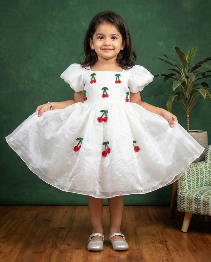 White organza cherry embroidered baby girls birthday dress, elegant partywear frock for kids, premium designer dress, Stanwells Kids