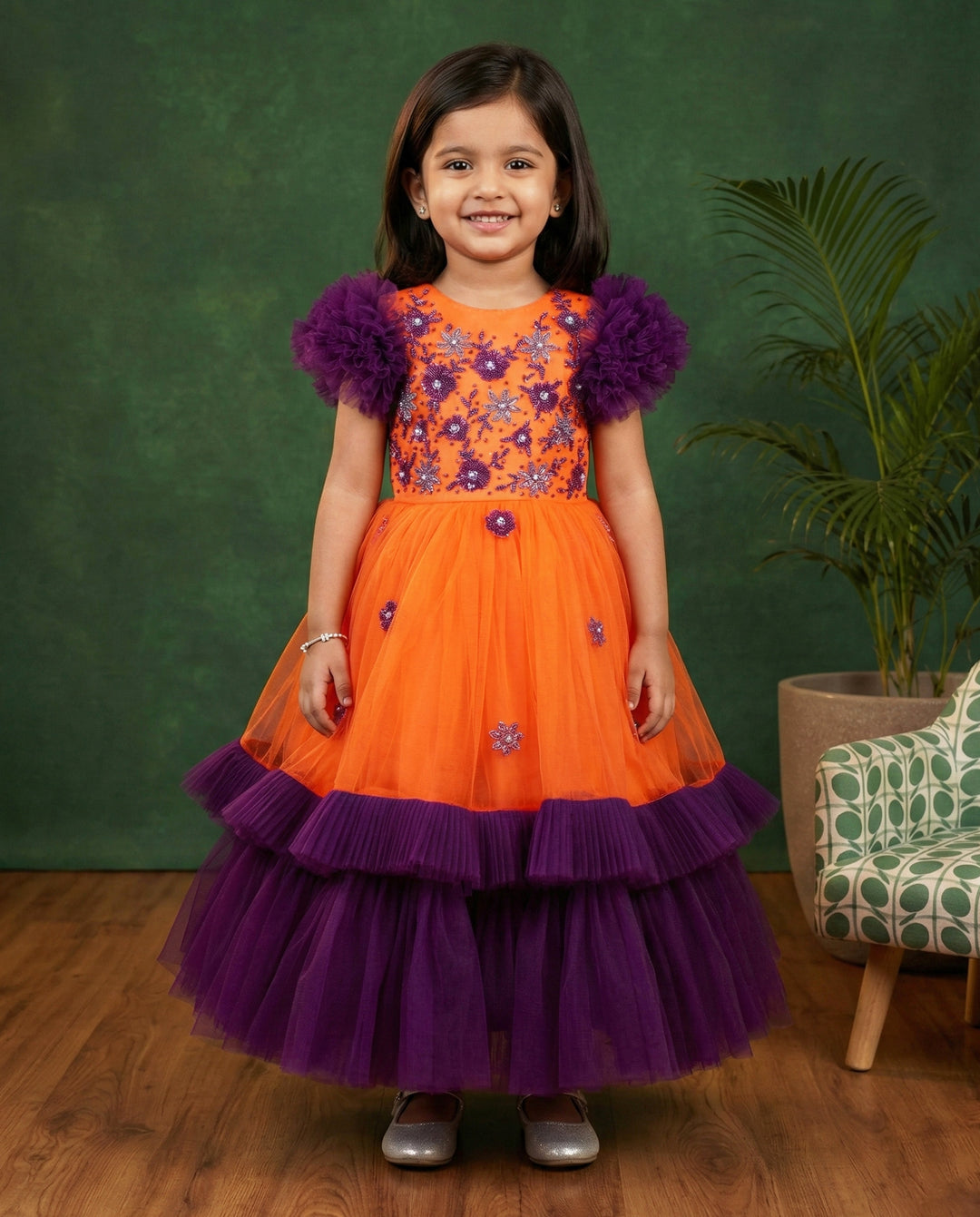 Orange and purple handworked gown for baby girls, ruffle partywear, designer birthday dress, Stanwells Kids