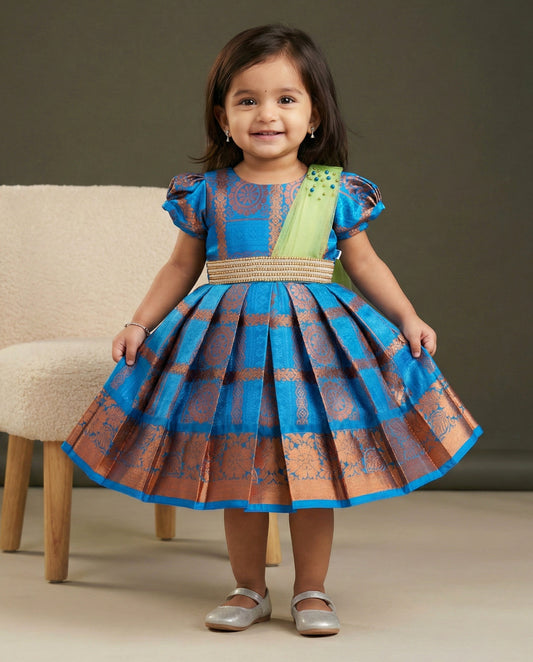 Sapphire blue lime green woven jari handwork traditional saree frock for baby girl – Stanwells Kids