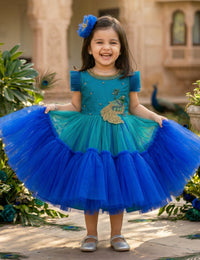 Peacock theme Applique Party wear Frock.