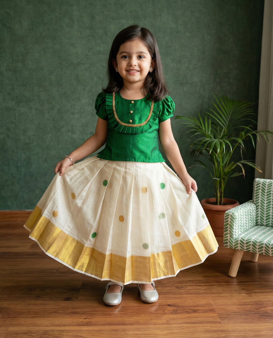 Green cream Kerala kasavu lehenga choli baby girl birthday dress Onam outfit traditional festive wear kids lehenga