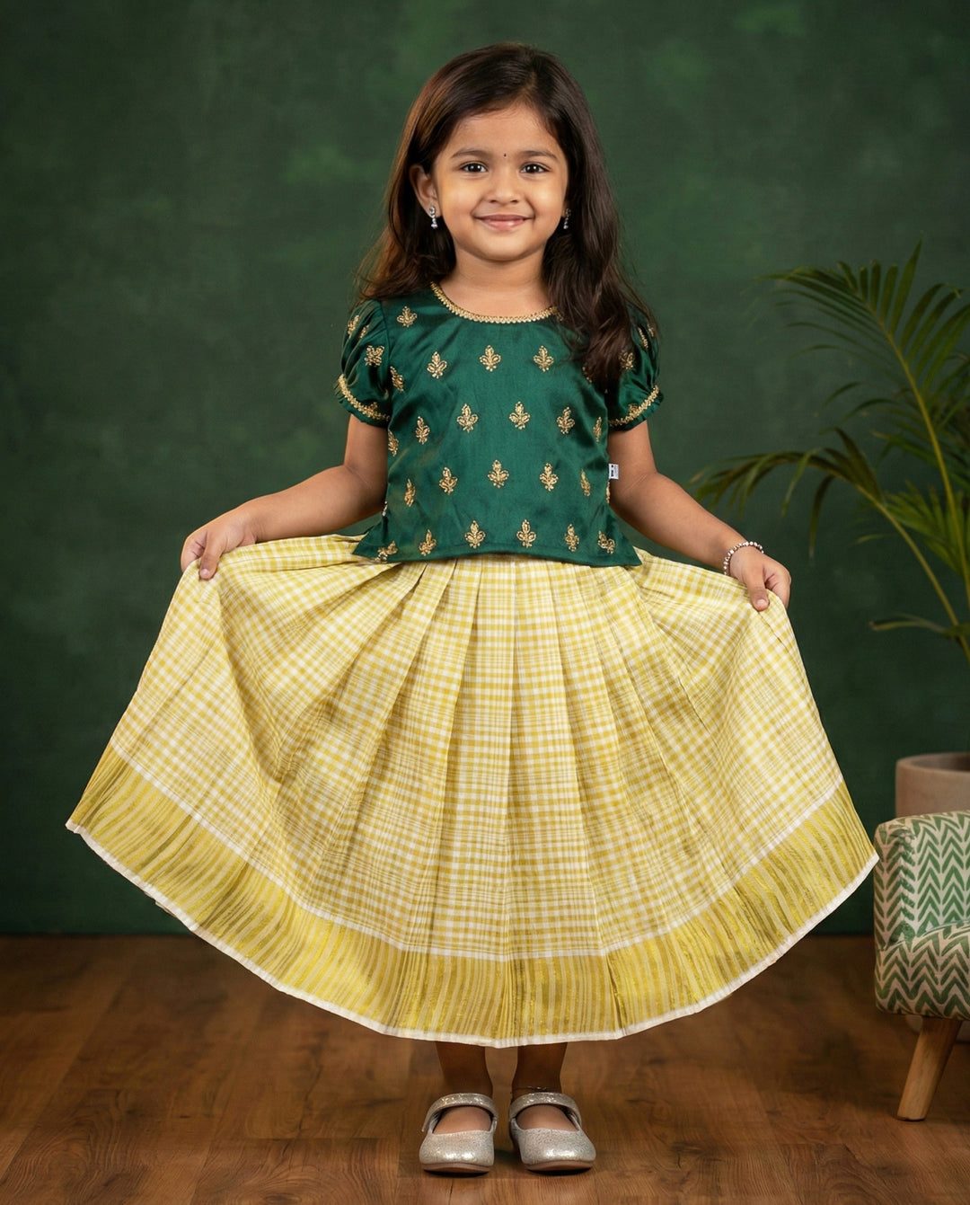 bottle green cream kasavu lehenga for baby girls, Kerala festive kids dress, baby girl birthday lehenga, traditional outfit for toddlers, kasavu partywear dress
