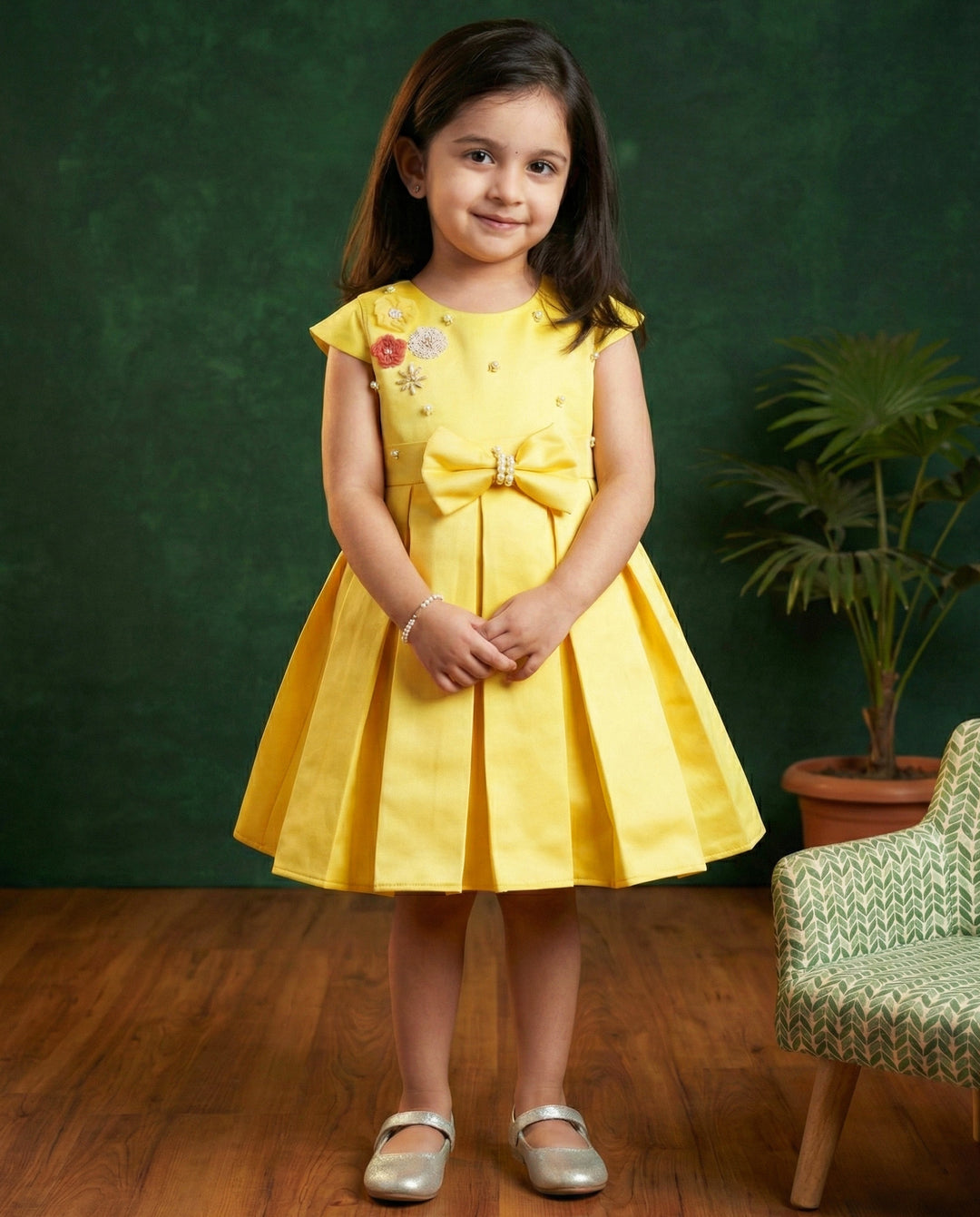 Baby Yellow Silky Satin Birthday Dress | Box Pleated Western Style Frock Stanwells Kids Baby Yellow Silky Satin Birthday Dress | Box Pleated Western Style Frock Stanwells Kids