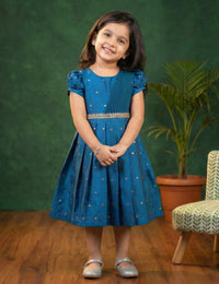 Teal Blue Silk Butti Frock – Ethnic Party & Festive Dress for Baby Girls
