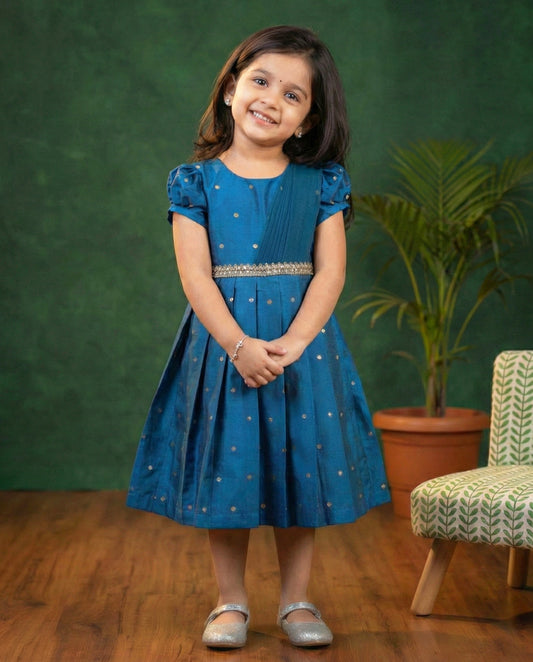 Teal blue silk butti frock for baby girl ethnic party wear – Stanwells Kids