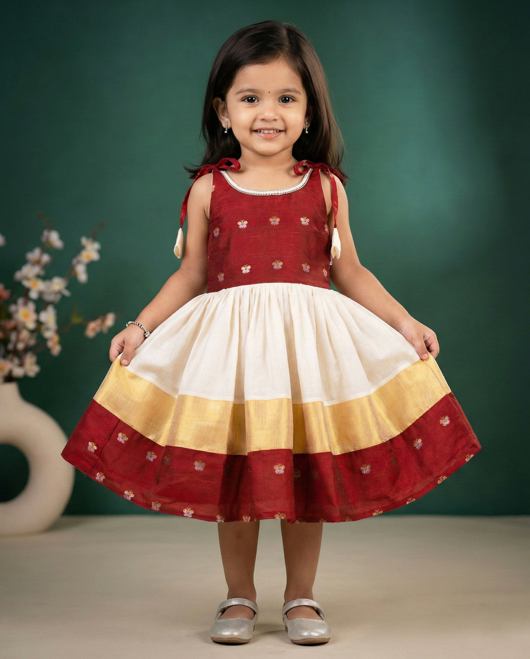 Baby Girl Birthday Dress - Cream & Maroon Onam Special Kerala Kasavu Frock