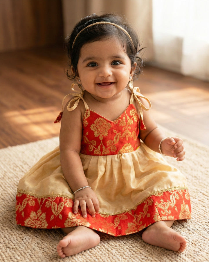 Gold and Red Shade New Born Baby Silk Frock for Naming Ceremony