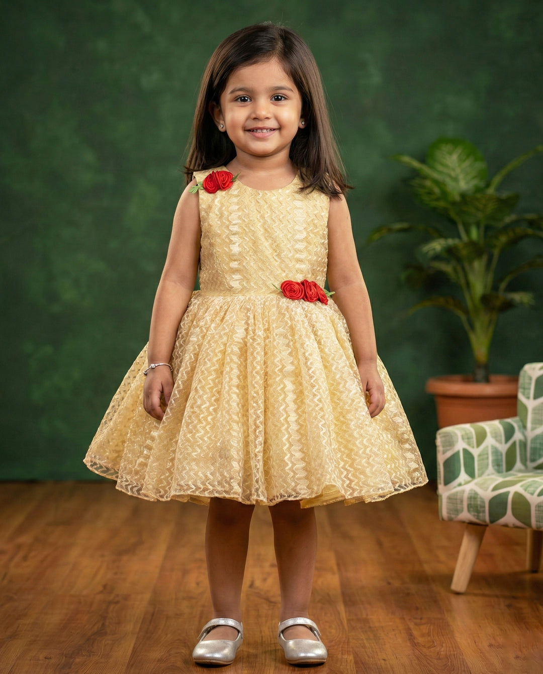golden designer flower frock for baby girls, kids birthday dress, baby girl partywear dress, golden kids frock online, premium festive dress for toddlers