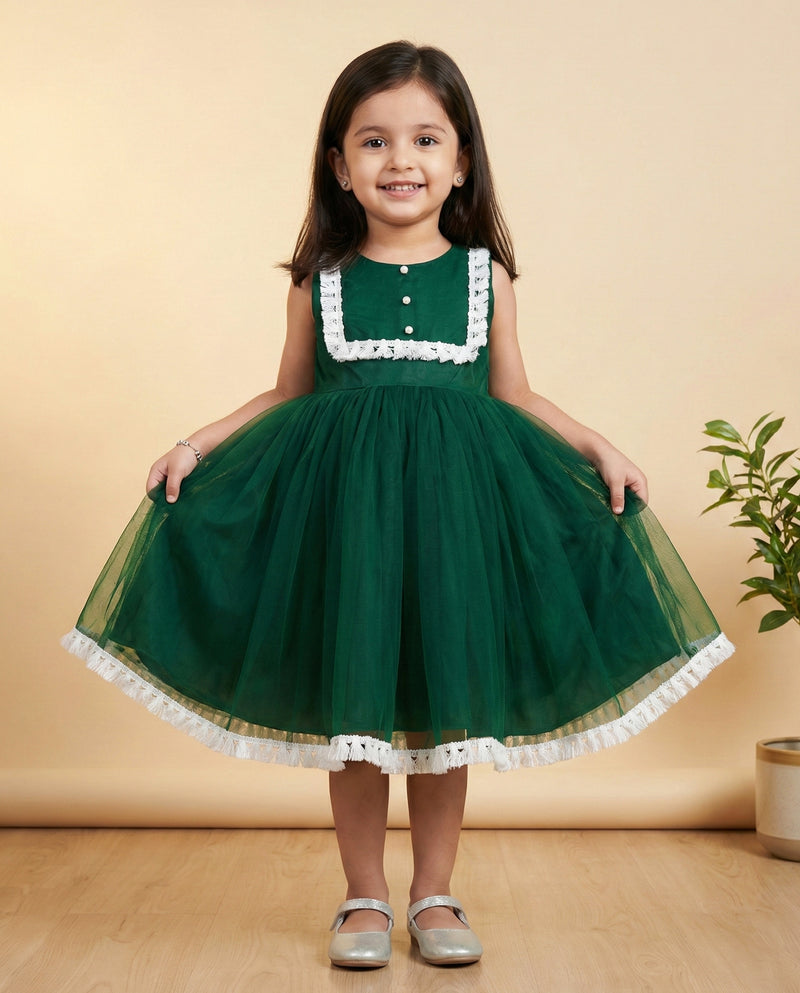 Bottle Green Partywear Baby-Girls Lace Frock