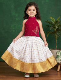 Cream Rani Pink Onam Special Kerala Kasavu Butterfly Handwork Lehenga Choli for Baby Girl – Stanwells Kids