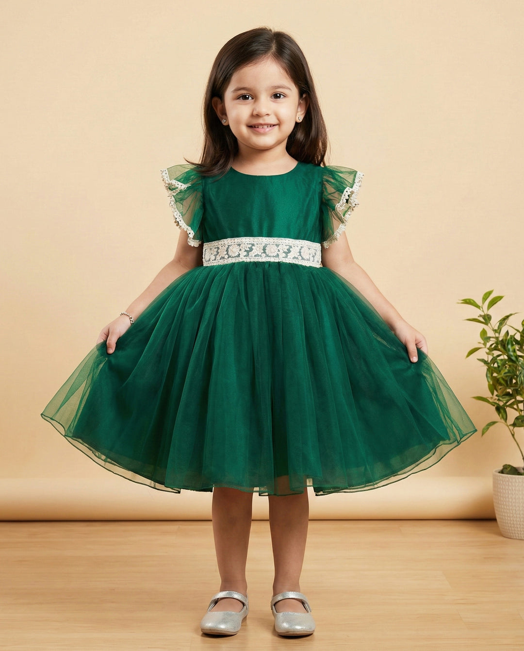 Bottle green baby girl birthday dress, party wear frock, toddler dress