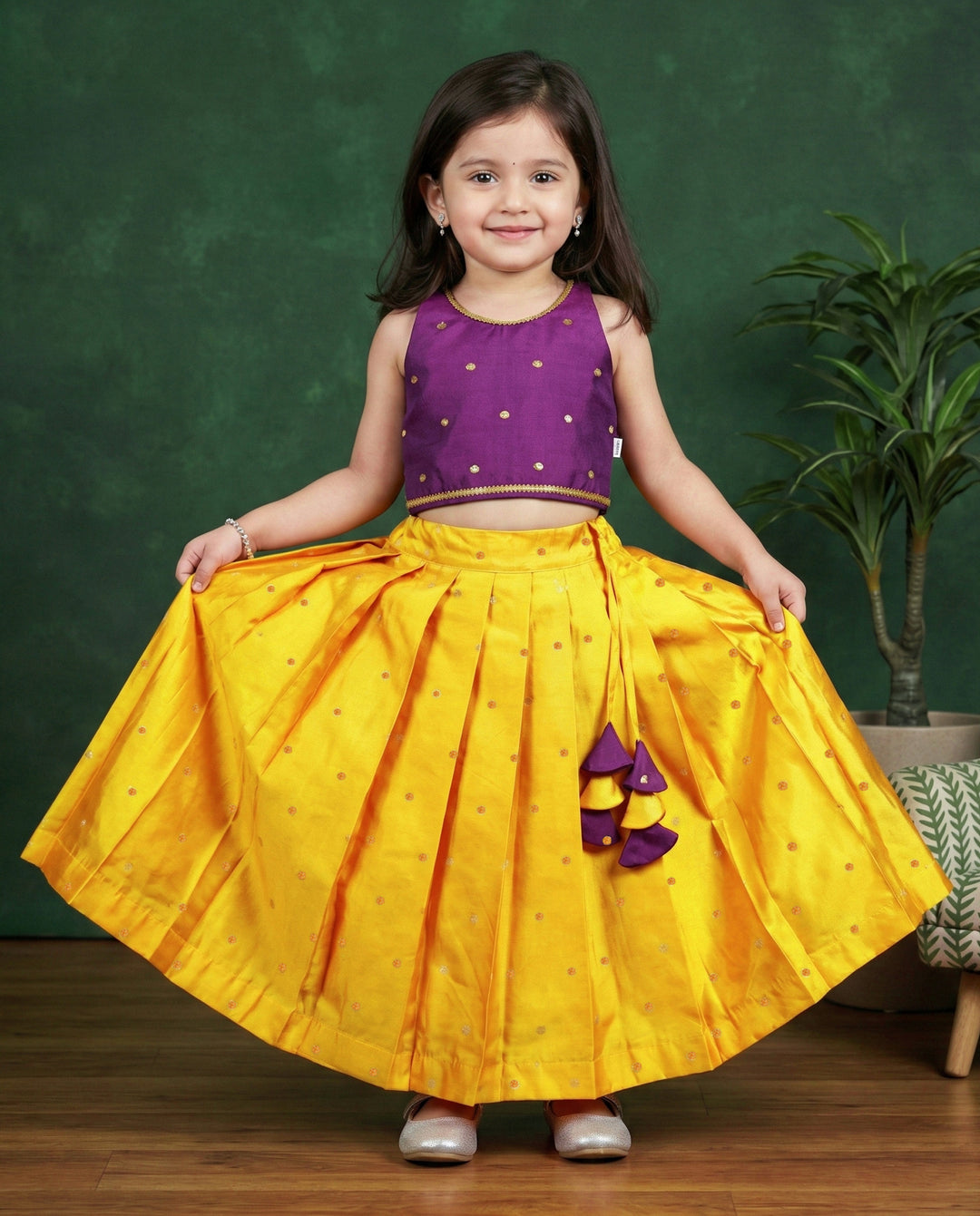 Violet mango yellow silk lehenga choli for baby girls, festive ethnic wear, birthday dress for girls, traditional kids outfit