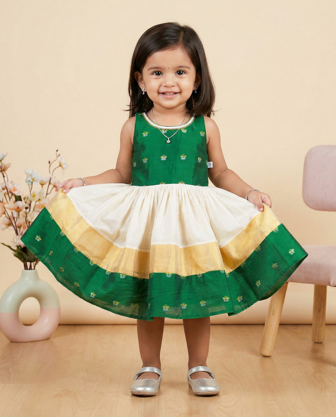 Baby Girl Birthday Dress - Cream & Green Kerala Kasavu Handloom Frock