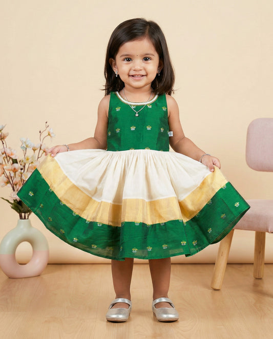 Cream green Kerala kasavu handloom frock for baby girl – Stanwells Kids