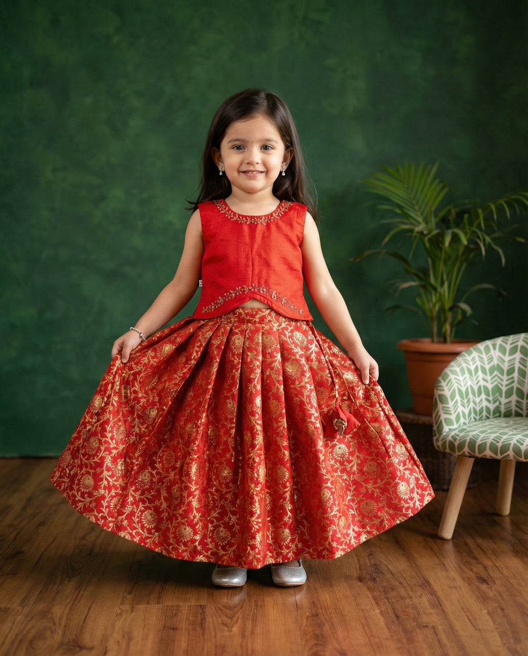 Baby girls red Banarasi jacquard handwork lehenga choli birthday dress
