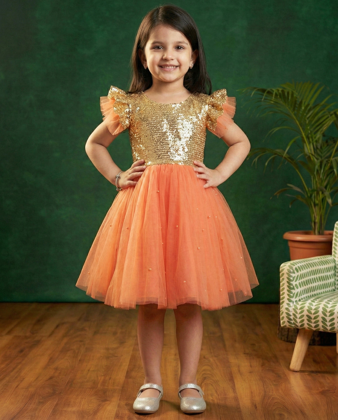 Coral shade golden sequins baby girl birthday dress, designer party wear frock, baby girl birthday outfit, kids party dress
