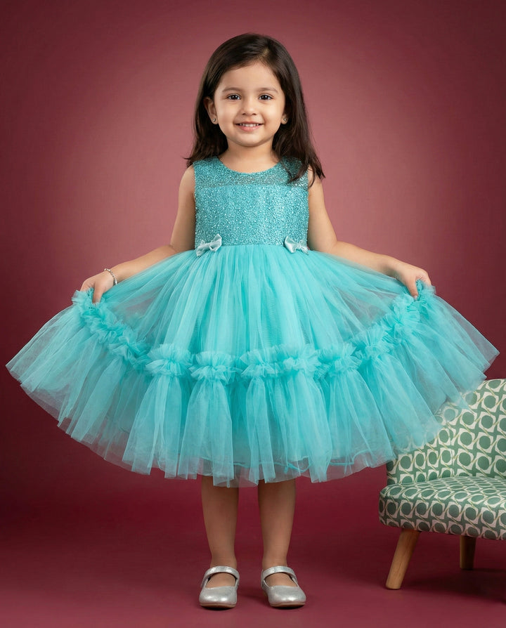 Pearl blue baby girl birthday dress, embroidered party frock, ruffle dress for baby girls, elegant toddler birthday outfit, Stanwells Kids celebration dress