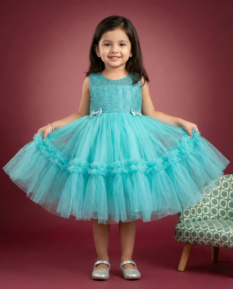 Pastel Blue   Shade Embroidery Party wear Ruffles Birthday frock