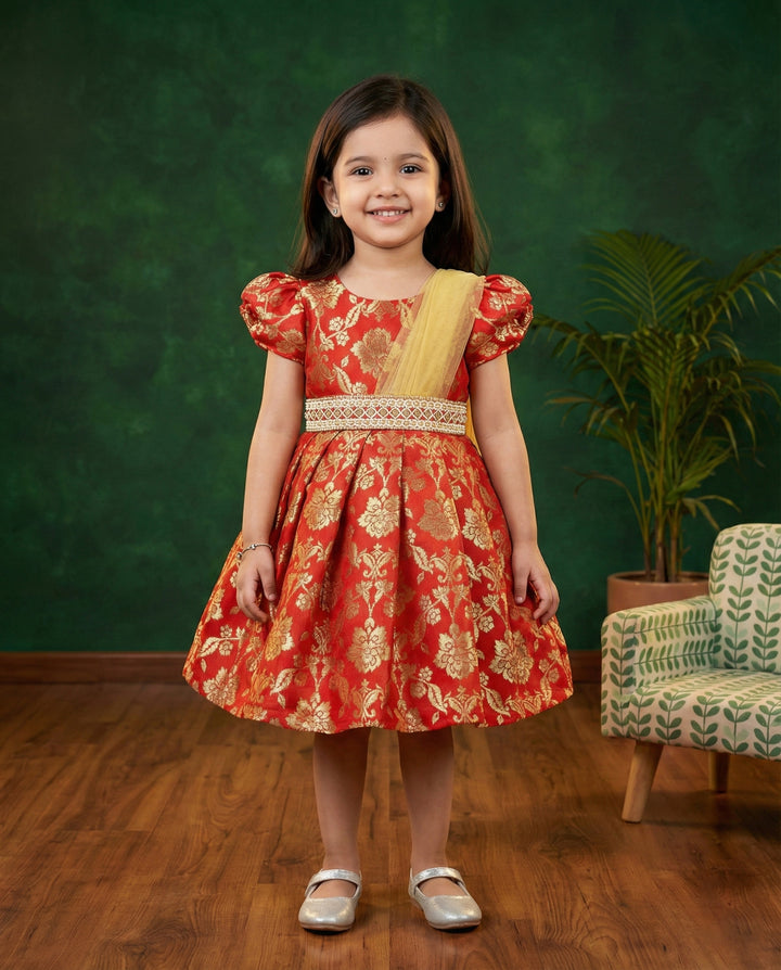 Red Banarasi jacquard traditional handwork silk saree frock for baby girl – Stanwells Kids