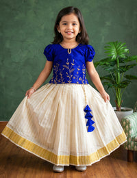 Cream Royal Blue Onam Special Kerala Kasavu Handwork Lehenga Choli for Baby Girl – Stanwells Kids
