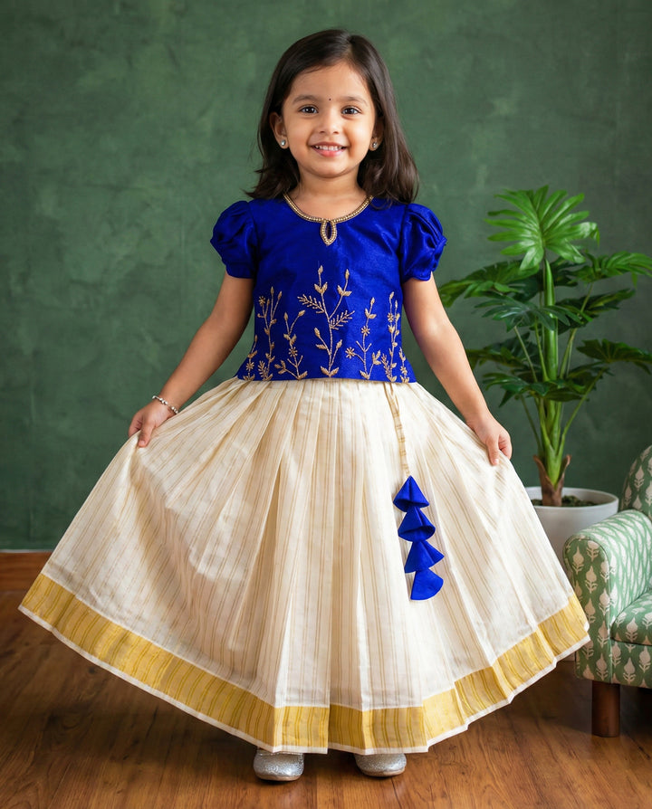 Cream royal blue Onam Kerala kasavu handwork lehenga choli for baby girl – Stanwells Kids