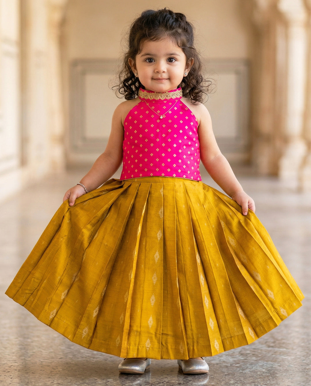 Magenta mustard yellow lehenga choli baby girls birthday dress halter neck festive outfit kids ethnic wear partywear traditional dress