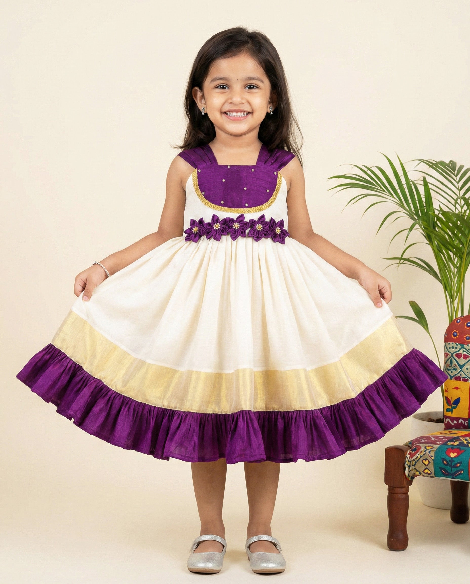 Cream & Purple Kerala Kasavu Handloom Baby Girls Birthday Dress