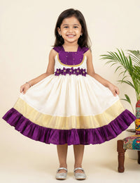 Cream Purple Kerala Kasavu Handloom Flower Frock for Baby Girl – Stanwells Kids