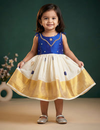Royal Blue Cream Kerala Handloom Tissue Embroidery Kettuduppu Frock for Baby Girl – Stanwells Kids