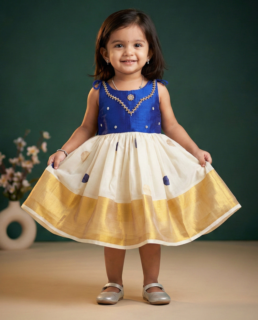 Royal Blue and Cream Kerala Handloom Baby Girl Birthday Dress with Embroidery

