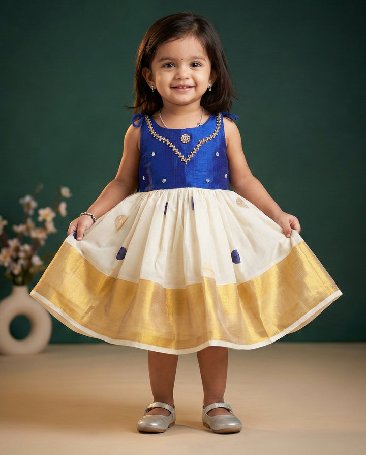 Royal blue cream Kerala handloom tissue embroidery kettuduppu frock for baby girl – Stanwells Kids