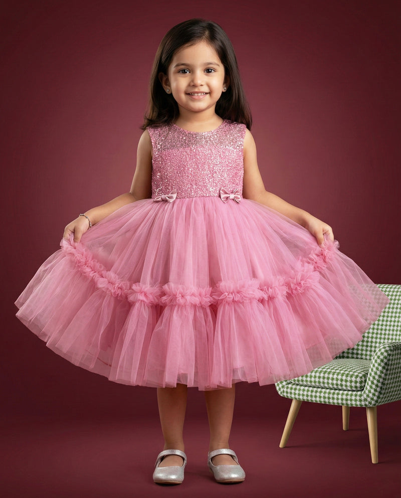 Light Peach Shade Embroidery Party wear Ruffles Birthday frock