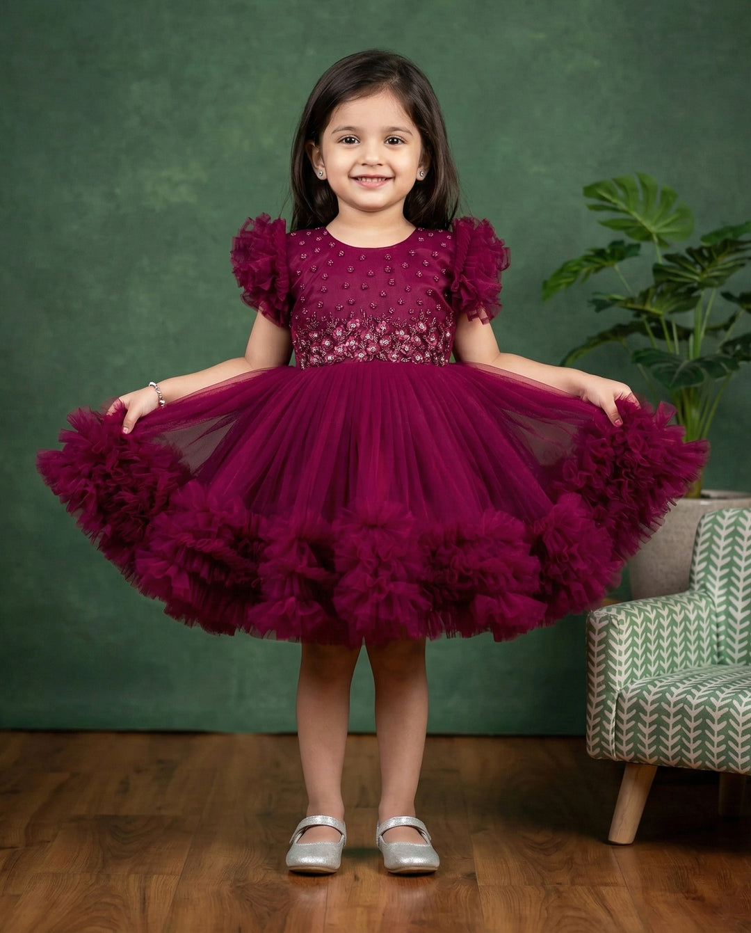 Grapevine Shade Baby Girls Birthday Dress, Heavy Handwork Party Wear Frock, Elegant Kids Outfit