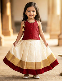 Cream & Meroon Traditional Kerala Kasavu Onam Special Lehenga Choli