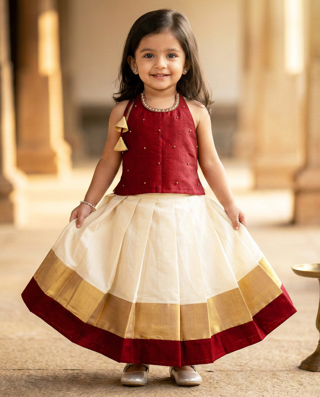 Cream maroon Kerala Kasavu Lehenga Choli – traditional baby girls birthday dress for Onam or festive occasions