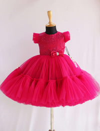 Rani Pink Shade Sequins Embroidery Baby-Girls Partywear Birthday Frock