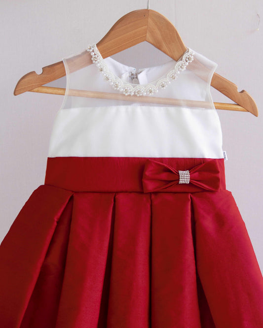 Red white silk handwork frock side view baby girl – Stanwells Kids