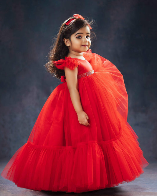 Red ruffled sleeves birthday gown front view – Stanwells Kids