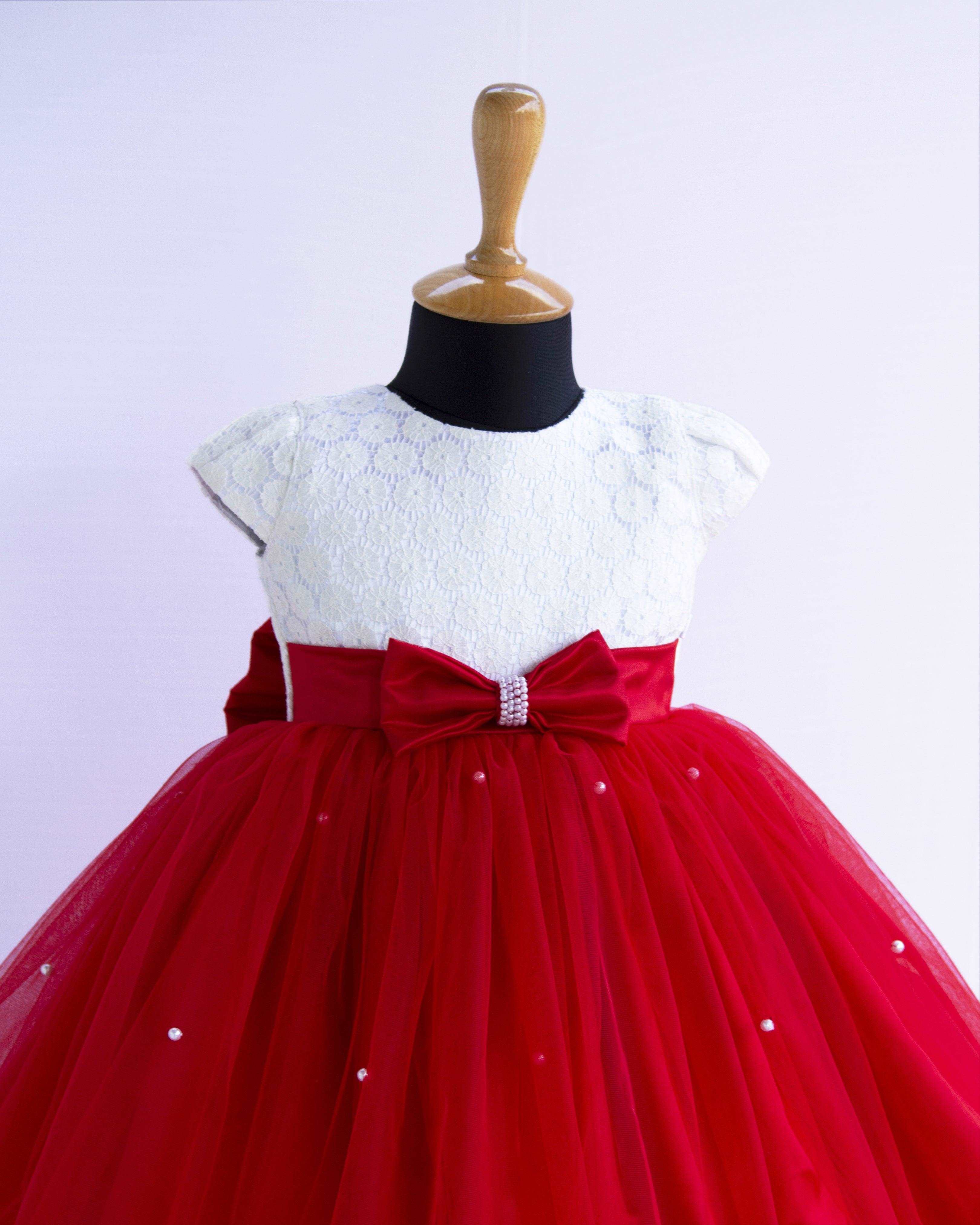 Buy Ministitch Designer Soild Red dress with bow embellished multifrilled  tail dress for baby Girls Online - Mini Stitch