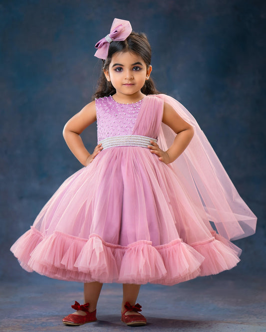Dust pink semi-saree style frock front view – Stanwells Kids