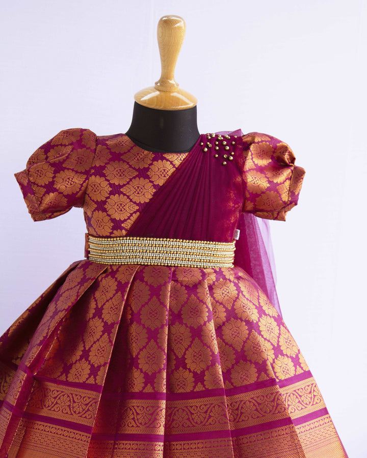 Dark Rasberry & Copper Shade Wooven Jari Handwork Traditional Saree Fr