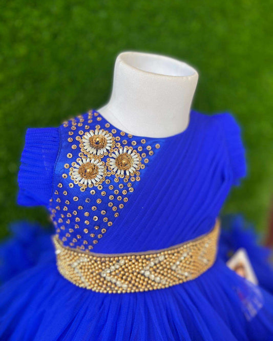 Royal Blue Baby Girls Birthday Dress - Layered Pleated Ruffled Frock