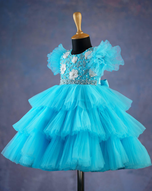Sky Blue Handwork Pleated Partywear Baby- Girls Birthday Step Frock - Stanwells Kids