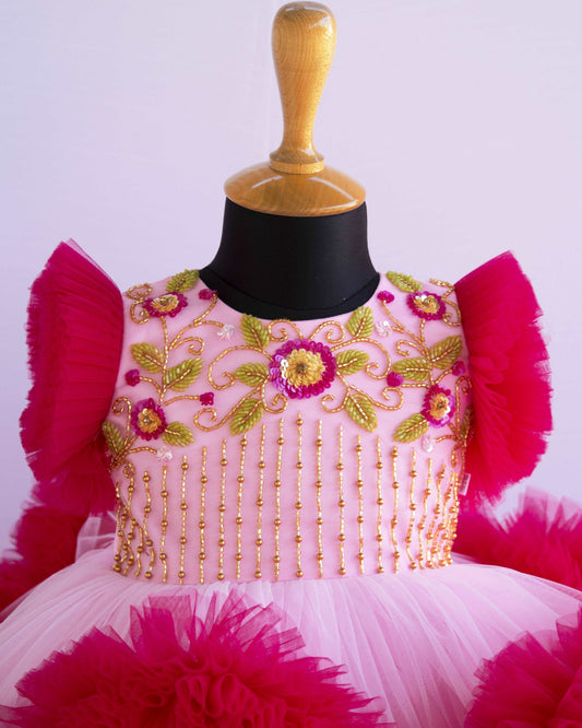 Baby pink rani pink heavy handwork yoke birthday frock front view – Stanwells Kids