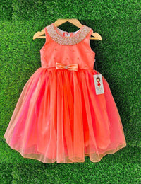 Tomato Coral Beaded Neck Knee-length Frock
