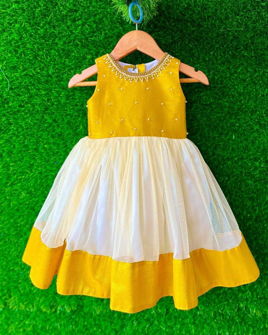 Cream gold handwork traditional frock for baby girl – Stanwells Kids