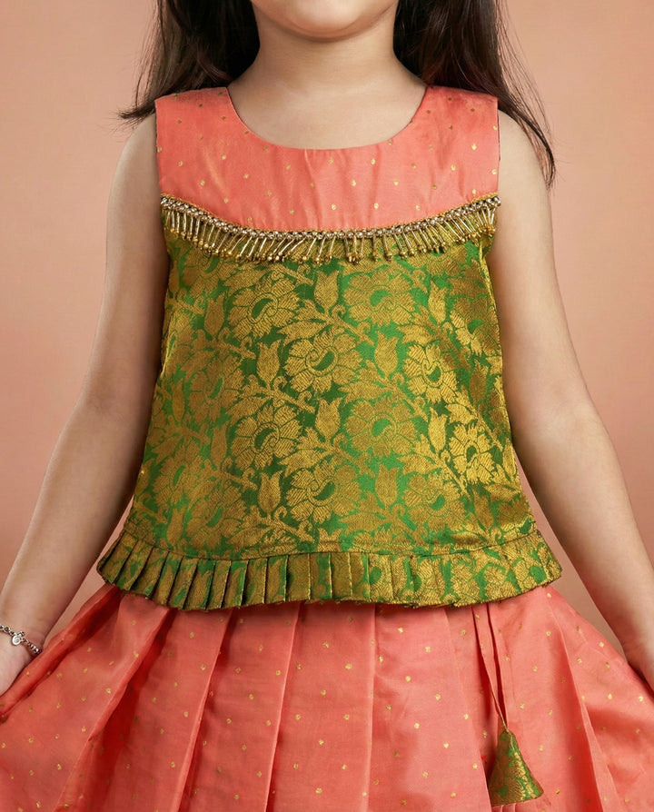 Coral peach green lehenga choli front view – Stanwells Kids